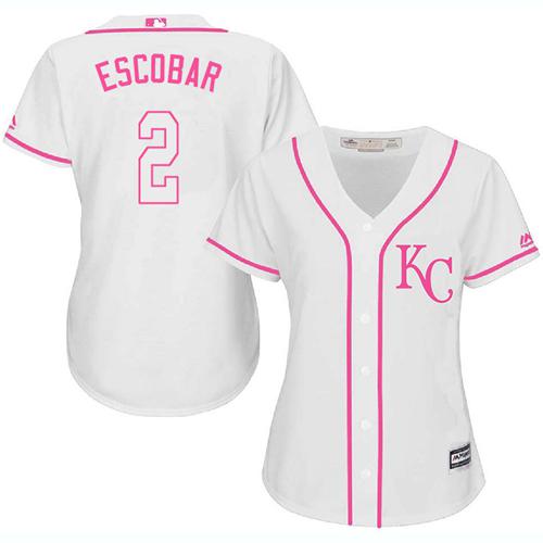 Royals #2 Alcides Escobar White Pink Fashion Women's Stitched MLB Jersey