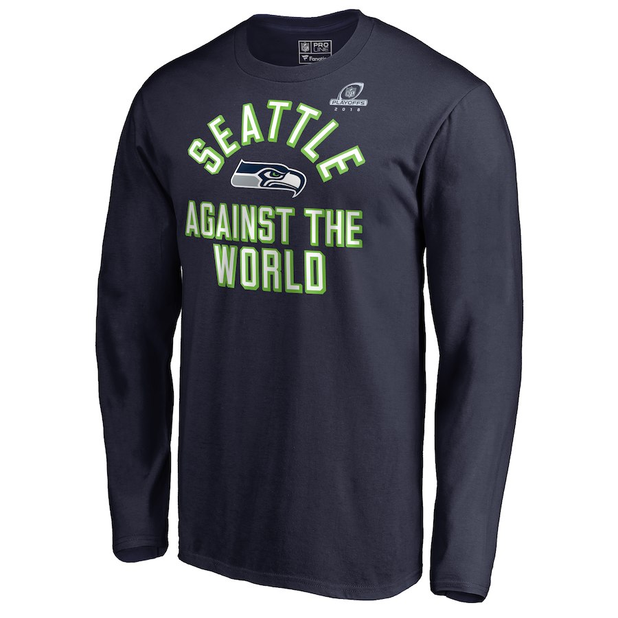 Seahawks Navy 2018 NFL Playoffs Against The World Men's Long Sleeve T-Shirt Seahawks Navy 2018 NFL Playoffs Against The World Men's Long Sleeve T-Shirt