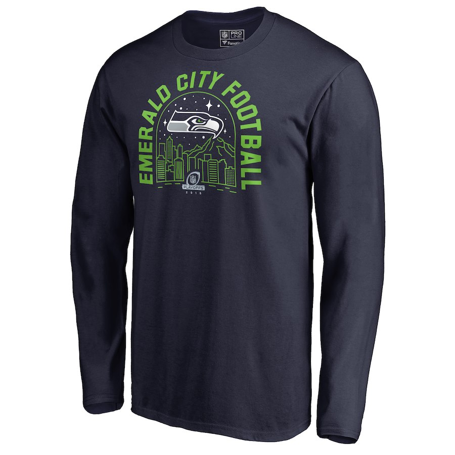 Seahawks Navy 2018 NFL Playoffs Emerald City Football Men's Long Sleeve T-Shirt Seahawks Navy 2018 NFL Playoffs Emerald City Football Men's Long Sleeve T-Shirt
