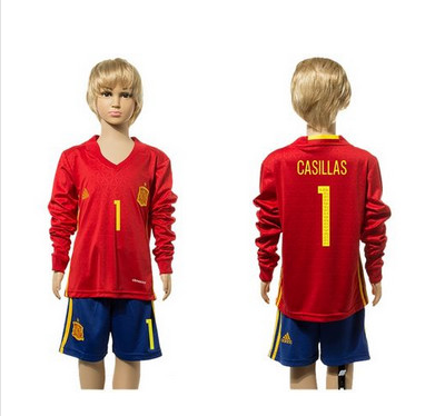 Spain #1 Casillas Red Home Long Sleeves Kid Soccer Country Jersey