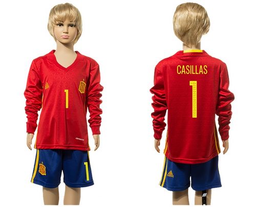 Spain #1 Casillas Red Home Long Sleeves Kid Soccer Country Jersey Spain #1 Casillas Red Home Long Sleeves Kid Soccer Country Jersey