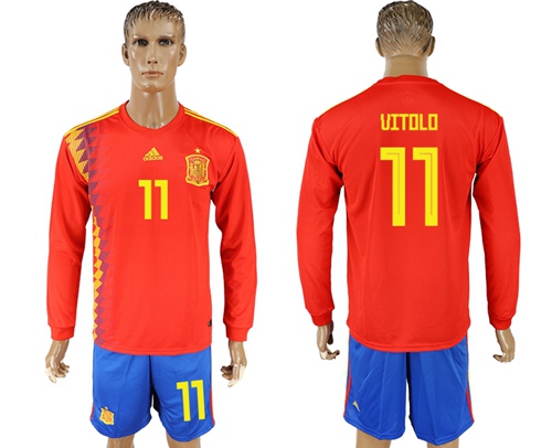 Spain #11 Vitolo Red Home Long Sleeves Soccer Country Jersey Spain #11 Vitolo Red Home Long Sleeves Soccer Country Jersey
