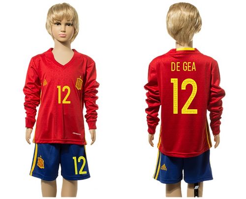 Spain #12 De Gea Red Home Long Sleeves Kid Soccer Country Jersey