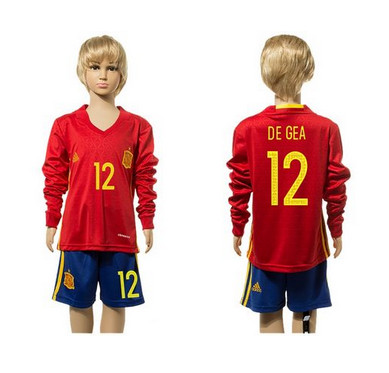 Spain #12 De Gea Red Home Long Sleeves Kid Soccer Country Jersey