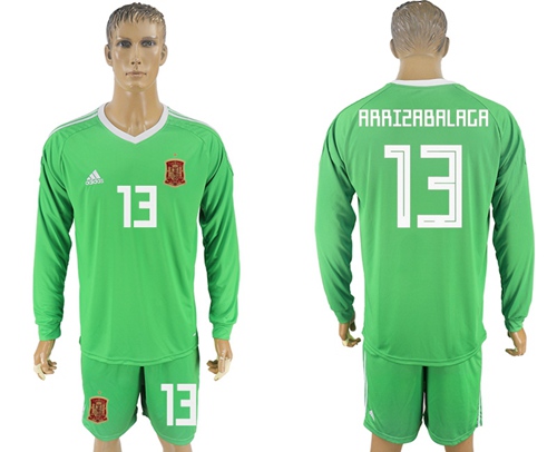 Spain #13 Arrizabalaga Green Long Sleeves Goalkeeper Soccer Country Jersey Spain #13 Arrizabalaga Green Long Sleeves Goalkeeper Soccer Country Jersey