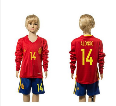 Spain #14 Alonso Red Home Long Sleeves Kid Soccer Country Jersey