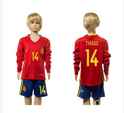 Spain #14 Thiago Red Home Long Sleeves Kid Soccer Country Jersey