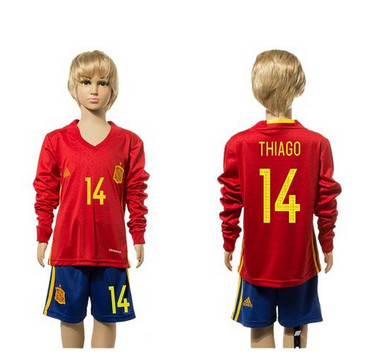 Spain #14 Thiago Red Home Long Sleeves Kid Soccer Country Jersey Spain #14 Thiago Red Home Long Sleeves Kid Soccer Country Jersey