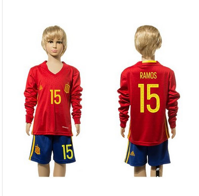 Spain #15 Ramos Red Home Long Sleeves Kid Soccer Country Jersey