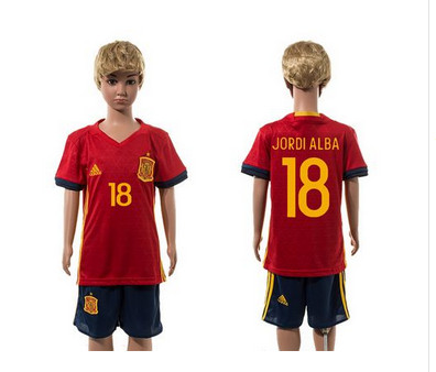 Spain #18 Jordi Alba Red Home Kid Soccer Country Jersey