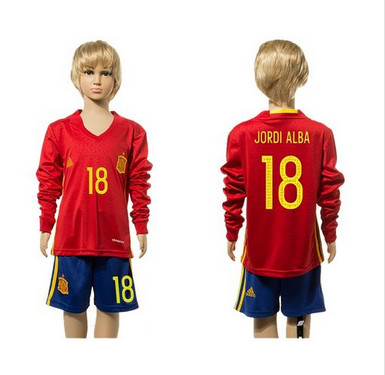 Spain #18 Jordi Alba Red Home Long Sleeves Kid Soccer Country Jersey