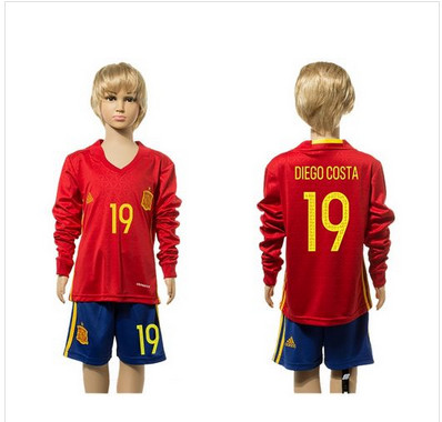Spain #19 Diego Costa Red Home Long Sleeves Kid Soccer Country Jersey Spain #19 Diego Costa Red Home Long Sleeves Kid Soccer Country Jersey