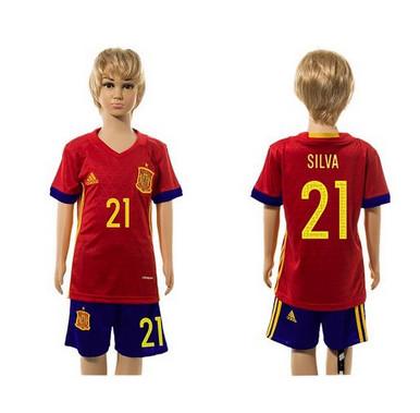 Spain #21 Silva Red Home Kid Soccer Country Jersey