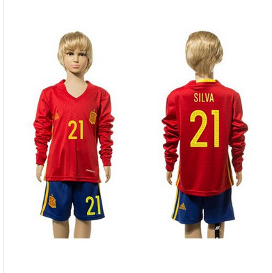 Spain #21 Silva Red Home Long Sleeves Kid Soccer Country Jersey