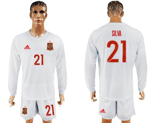 Spain #21 Silva White Away Long Sleeves Soccer Country Jersey Spain #21 Silva White Away Long Sleeves Soccer Country Jersey