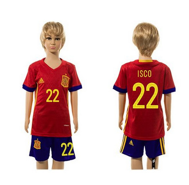 Spain #22 Isco Red Home Kid Soccer Country Jersey