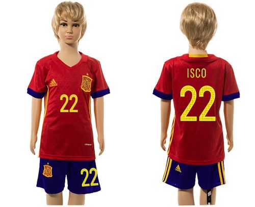 Spain #22 Isco Red Home Kid Soccer Country Jersey