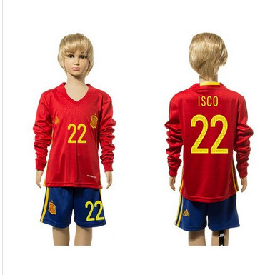 Spain #22 Isco Red Home Long Sleeves Kid Soccer Country Jersey