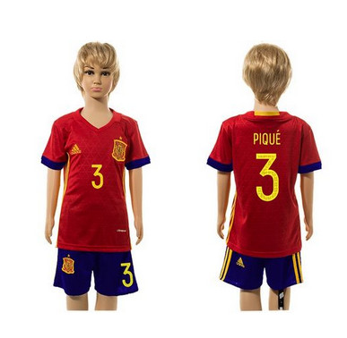 Spain #3 Pique Red Home Kid Soccer Country Jersey