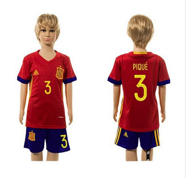 Spain #3 Pique Red Home Kid Soccer Country Jersey