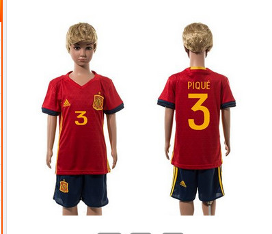 Spain #3 Pique Red Home Kid Soccer Country Jersey