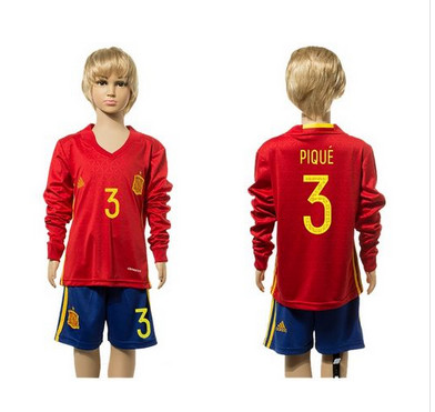Spain #3 Pique Red Home Long Sleeves Kid Soccer Country Jersey