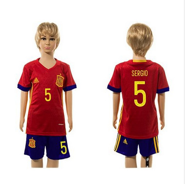 Spain #5 Sergio Red Home Kid Soccer Country Jersey