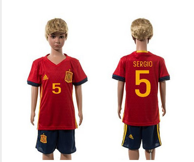 Spain #5 Sergio Red Home Kid Soccer Country Jersey