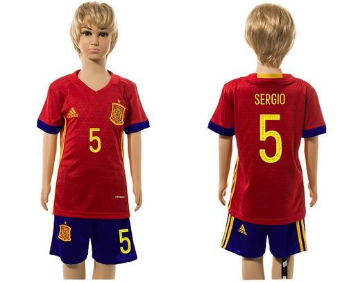 Spain #5 Sergio Red Home Kid Soccer Country Jersey
