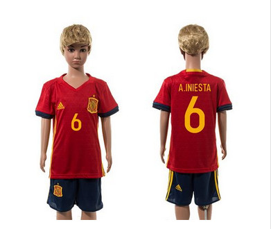 Spain #6 A.Iniesta Red Home Kid Soccer Country Jersey