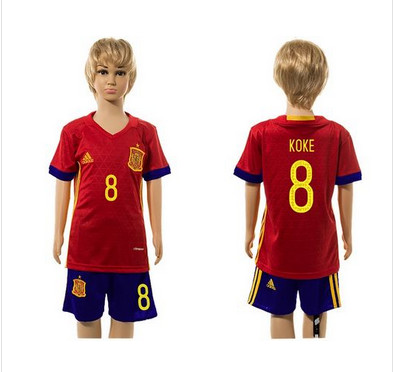 Spain #8 Koke Red Home Kid Soccer Country Jersey