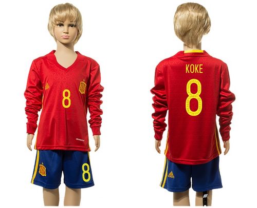Spain #8 Koke Red Home Long Sleeves Kid Soccer Country Jersey Spain #8 Koke Red Home Long Sleeves Kid Soccer Country Jersey