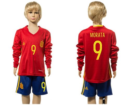 Spain #9 Morata Red Home Long Sleeves Kid Soccer Country Jersey Spain #9 Morata Red Home Long Sleeves Kid Soccer Country Jersey
