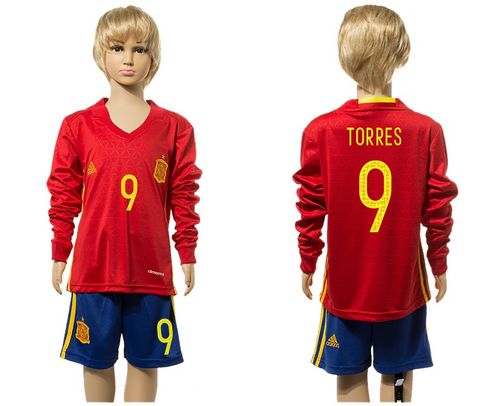 Spain #9 Torres Red Home Long Sleeves Kid Soccer Country Jersey Spain #9 Torres Red Home Long Sleeves Kid Soccer Country Jersey