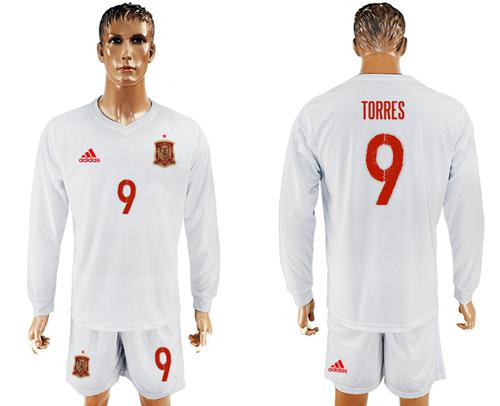 Spain #9 Torres White Away Long Sleeves Soccer Country Jersey Spain #9 Torres White Away Long Sleeves Soccer Country Jersey