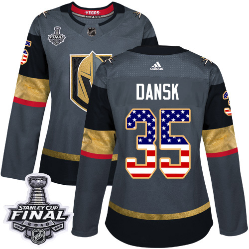 Women's Adidas Golden Knights #35 Oscar Dansk Grey Home Authentic USA Flag 2018 Stanley Cup Final Women's Stitched NHL Jersey Women's Adidas Golden Knights #35 Oscar Dansk Grey Home Authentic USA Flag 2018 Stanley Cup Final Women's Stitched NHL Jersey