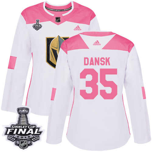 Women's Adidas Golden Knights #35 Oscar Dansk White Pink Authentic Fashion 2018 Stanley Cup Final Women's Stitched NHL Jersey Women's Adidas Golden Knights #35 Oscar Dansk White Pink Authentic Fashion 2018 Stanley Cup Final Women's Stitched NHL Jersey