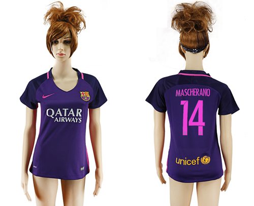 Women's Barcelona #14 Mascherano Away Soccer Club Jersey Women's Barcelona #14 Mascherano Away Soccer Club Jersey