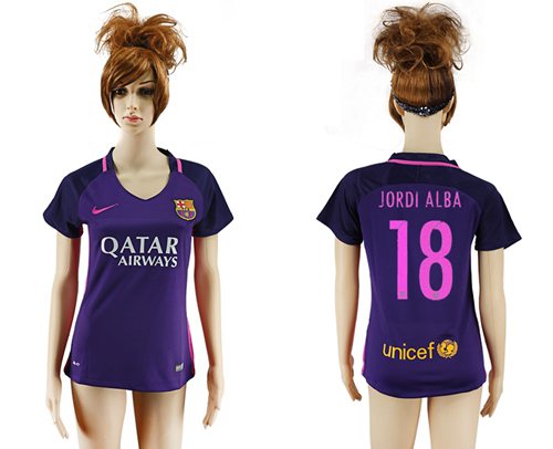 Women's Barcelona #18 Jordi Alba Away Soccer Club Jersey Women's Barcelona #18 Jordi Alba Away Soccer Club Jersey
