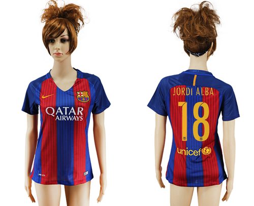 Women's Barcelona #18 Jordi Alba Home Soccer Club Jersey Women's Barcelona #18 Jordi Alba Home Soccer Club Jersey