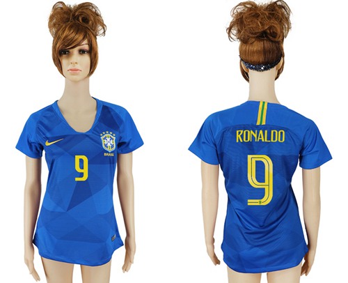 Women's Brazil #9 Ronaldo Away Soccer Country Jersey Women's Brazil #9 Ronaldo Away Soccer Country Jersey