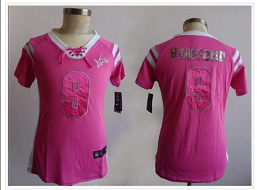 Women's NEW Lions #9 Matthew Stafford Pink NFL Elite Draft Him Shimmer Jersey