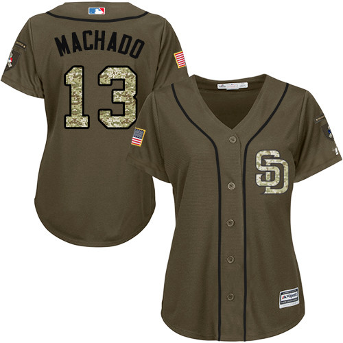 Women's Padres #13 Manny Machado Green Salute to Service Women's Stitched Baseball Jersey Women's Padres #13 Manny Machado Green Salute to Service Women's Stitched Baseball Jersey