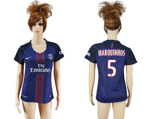 Women's Paris Saint-Germain #5 Marquinhos Home Soccer Club Jersey Women's Paris Saint-Germain #5 Marquinhos Home Soccer Club Jersey