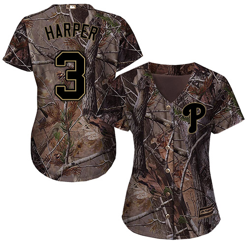 Women's Phillies #3 Bryce Harper Camo Realtree Collection Cool Base Women's Stitched Baseball Jersey Women's Phillies #3 Bryce Harper Camo Realtree Collection Cool Base Women's Stitched Baseball Jersey