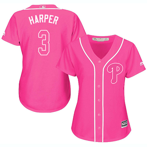 Women's Phillies #3 Bryce Harper Pink Fashion Women's Stitched Baseball Jersey Women's Phillies #3 Bryce Harper Pink Fashion Women's Stitched Baseball Jersey