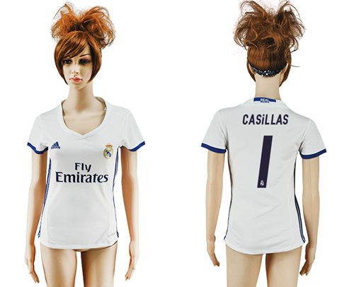 Women's Real Madrid #1 Casillas Home Soccer Club Jersey Women's Real Madrid #1 Casillas Home Soccer Club Jersey