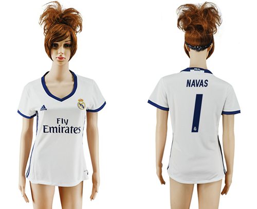 Women's Real Madrid #1 Navas Home Soccer Club Jersey Women's Real Madrid #1 Navas Home Soccer Club Jersey
