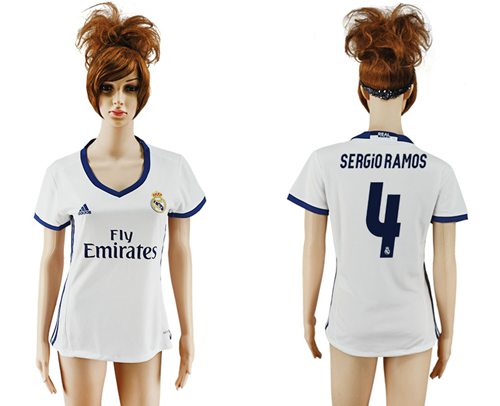 Women's Real Madrid #4 Sergio Ramos Home Soccer Club Jersey Women's Real Madrid #4 Sergio Ramos Home Soccer Club Jersey