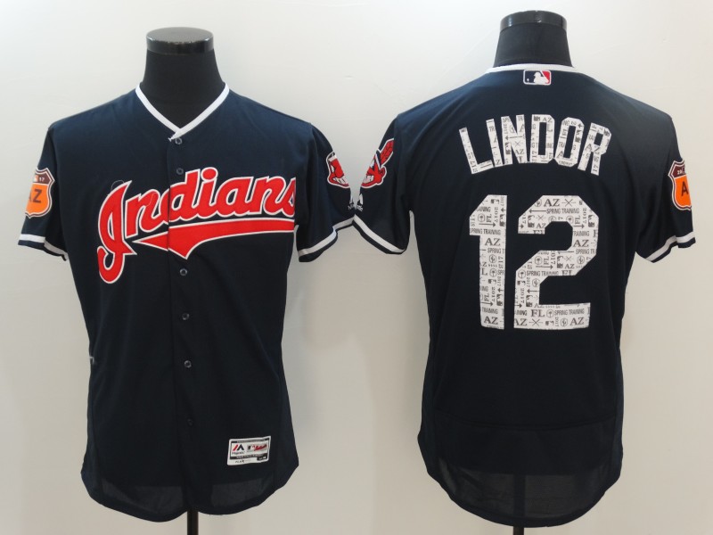 Men's Cleveland Indians #12 Francisco Lindor Majestic Navy 2017 Spring Training Authentic FlexBase Player Jersey